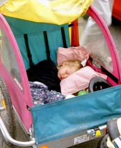 Anna asleep in her trailer